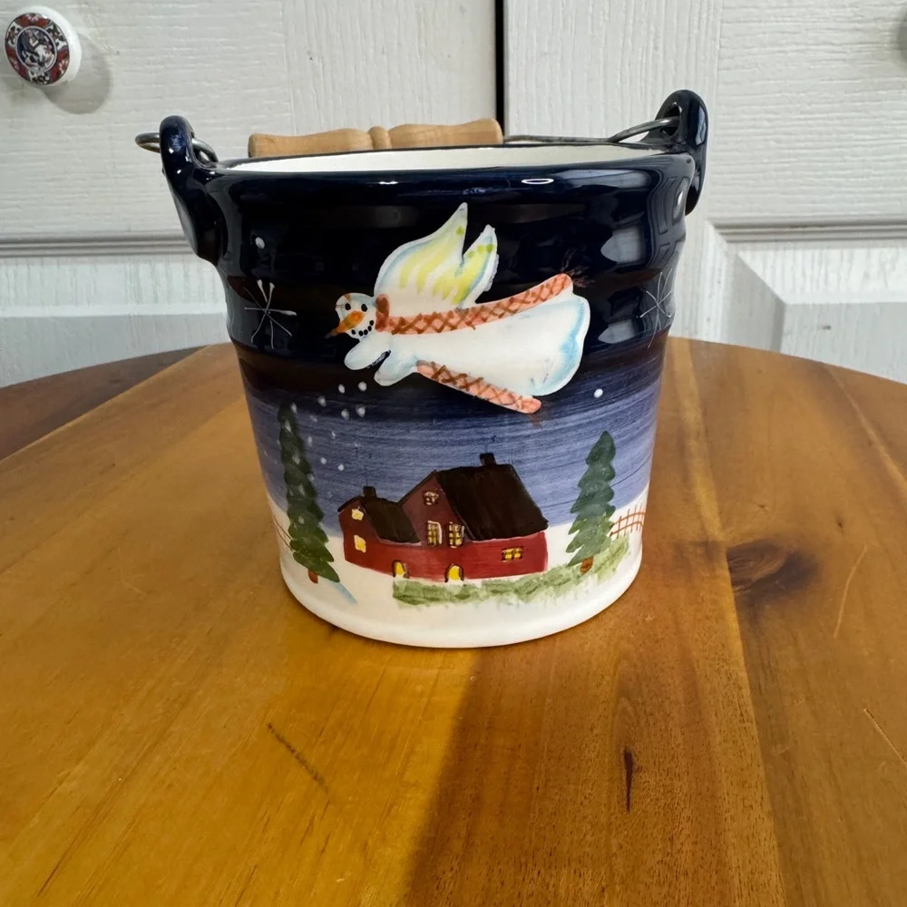 Vintage hand painted snowman barn Christmas tree‎ bucket pale